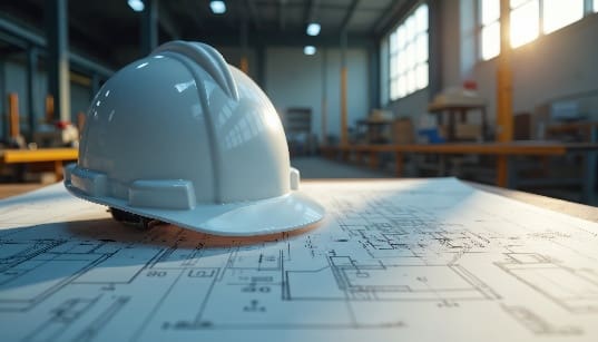 White hard hat on architectural blueprints